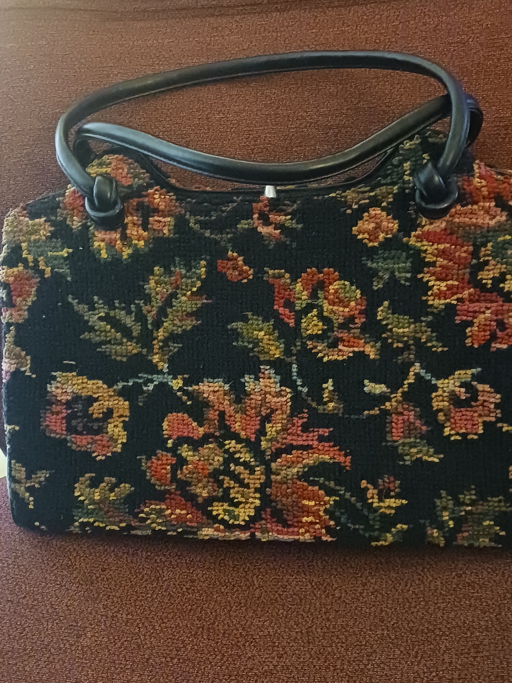 Vintage Classic Black Floral Tapestry Hand Bag with Rust and Gold Accents